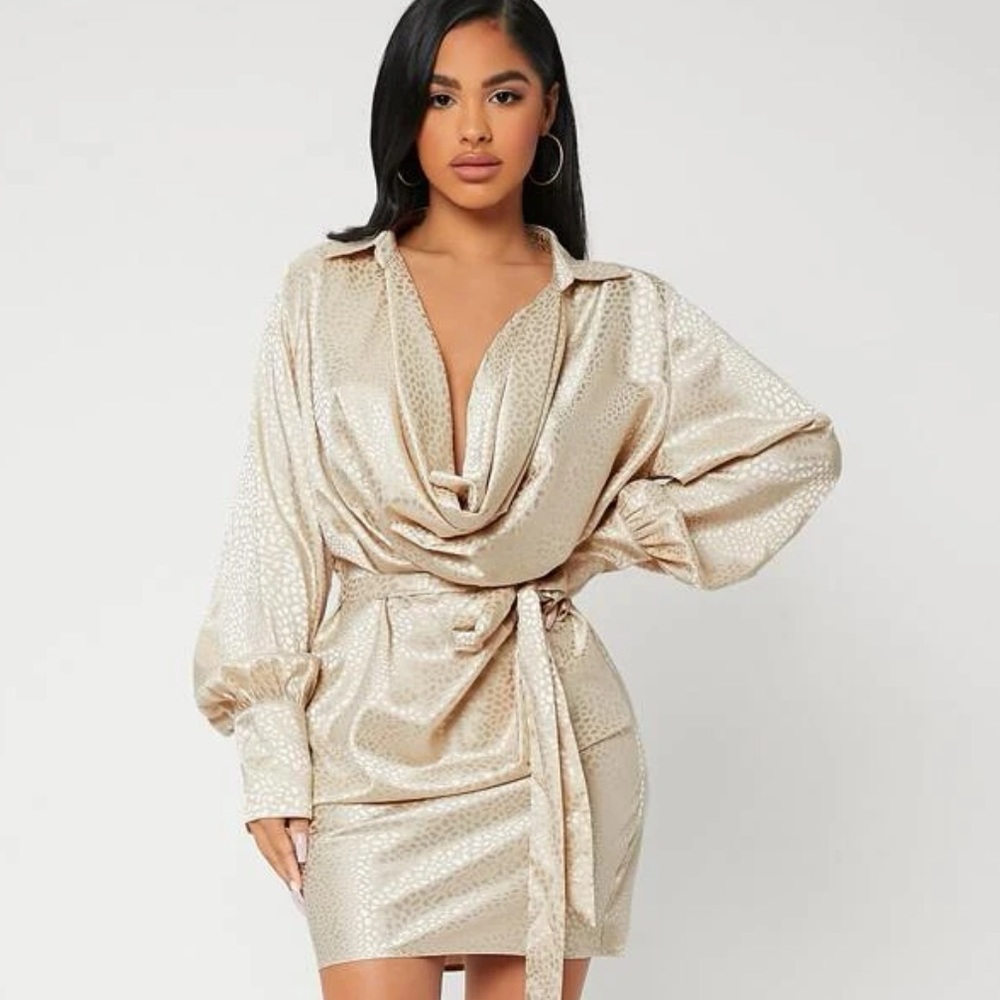 Draped collar belted dress